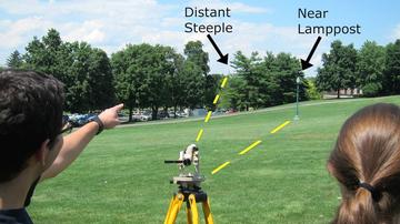 Students measuring parallax on campus
