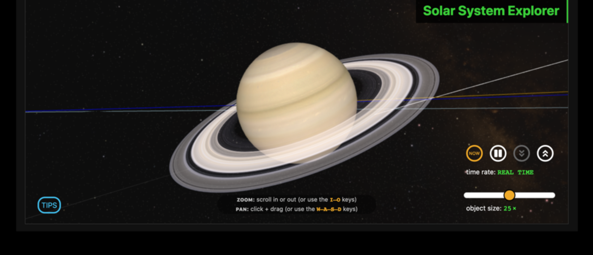 Image of Saturn with on screen controls for interactive